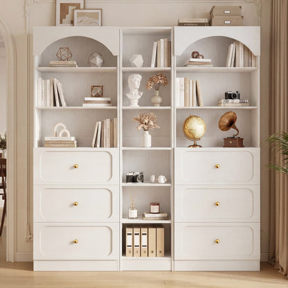 80" Tall Bookshelf System with 6 Drawers, Arched Corner Bookcase with 12-Tier Open Shelves