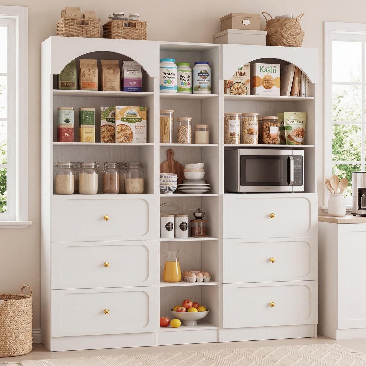 80" Tall Bookshelf System with 6 Drawers, Arched Corner Bookcase with 12-Tier Open Shelves