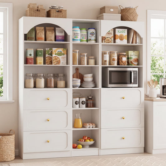 80" Tall Bookshelf System with 6 Drawers, Arched Corner Bookcase with 12-Tier Open Shelves