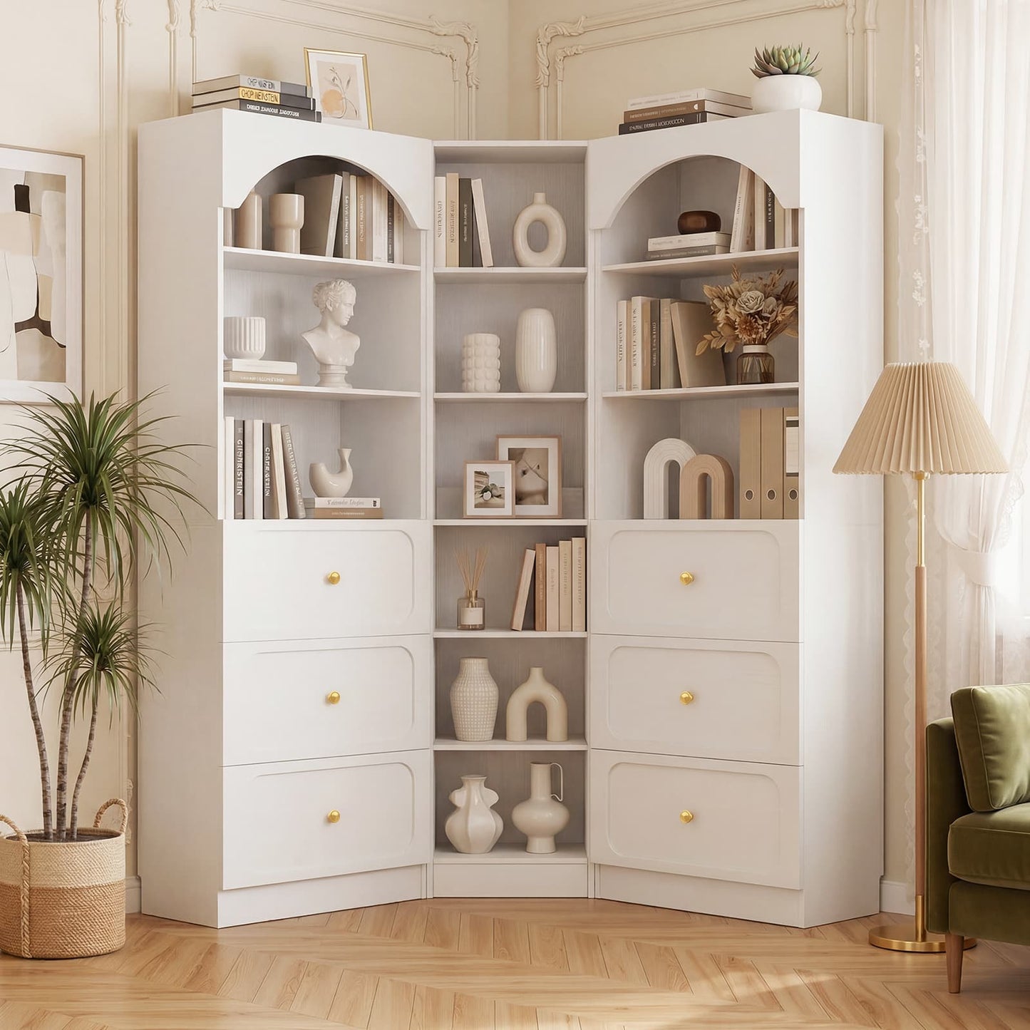 80" Tall Bookshelf System with 6 Drawers, Arched Corner Bookcase with 12-Tier Open Shelves
