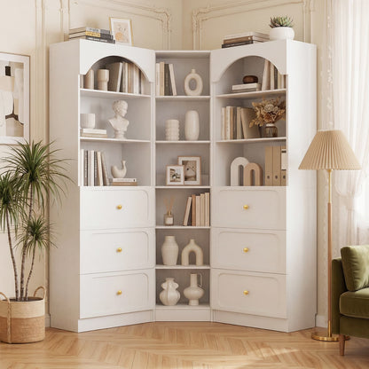 80" Tall Bookshelf System with 6 Drawers, Arched Corner Bookcase with 12-Tier Open Shelves