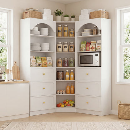 80" Tall Bookshelf System with 6 Drawers, Arched Corner Bookcase with 12-Tier Open Shelves