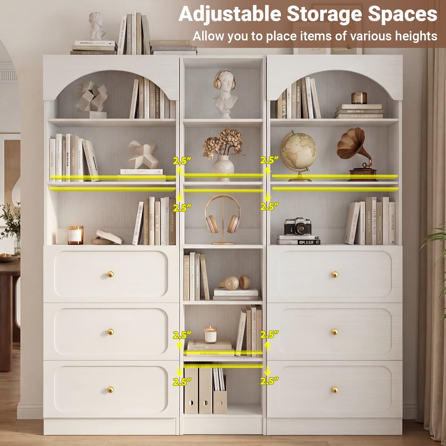 80" Tall Bookshelf System with 6 Drawers, Arched Corner Bookcase with 12-Tier Open Shelves
