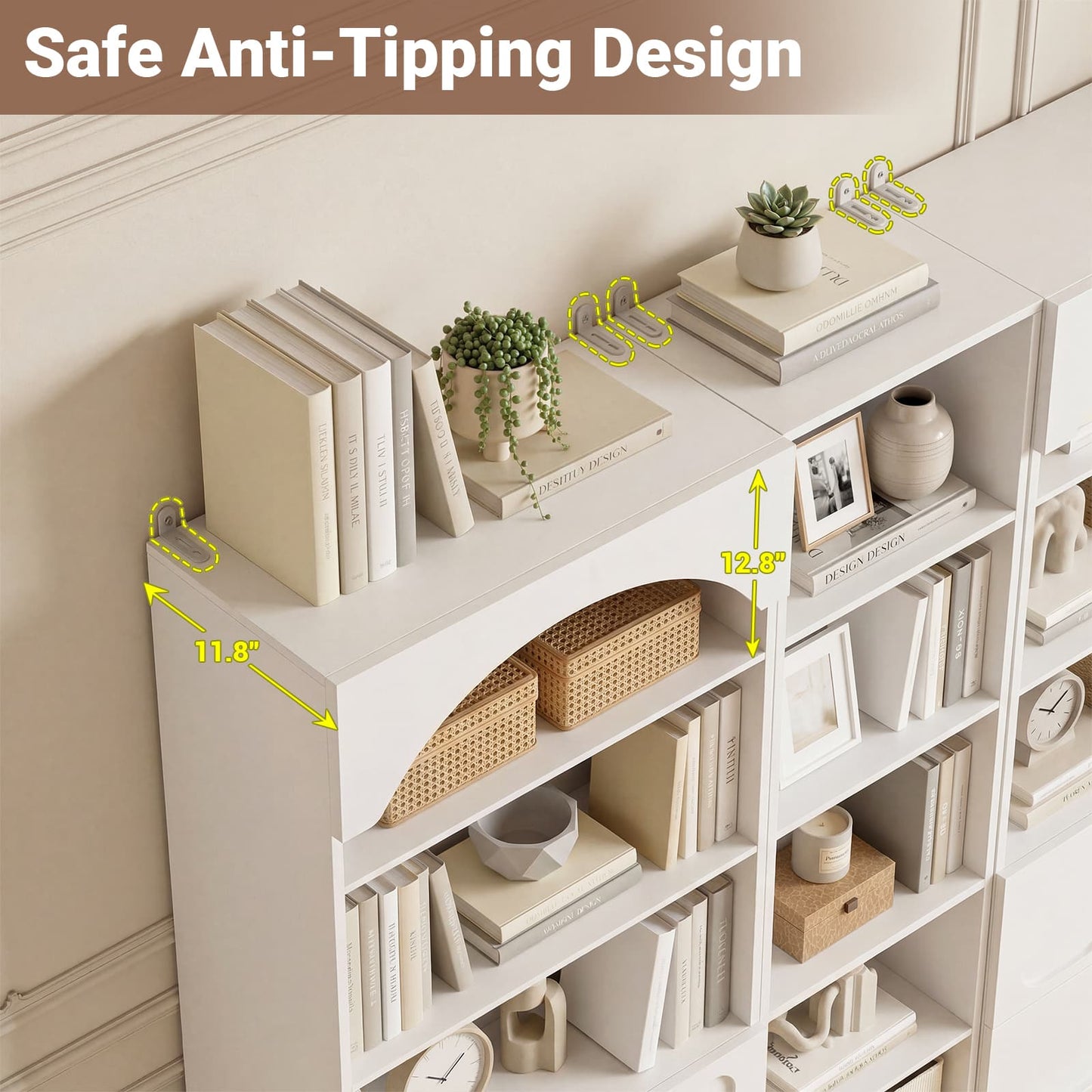 80" Tall Bookshelf System with 6 Drawers, Arched Corner Bookcase with 12-Tier Open Shelves