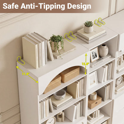 80" Tall Bookshelf System with 6 Drawers, Arched Corner Bookcase with 12-Tier Open Shelves