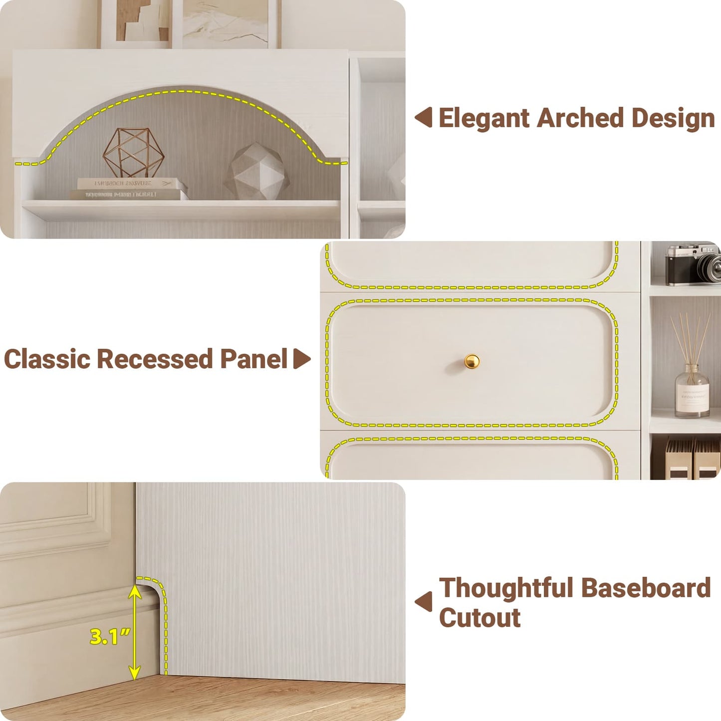 80" Tall Bookshelf System with 6 Drawers, Arched Corner Bookcase with 12-Tier Open Shelves