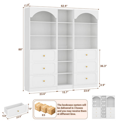 80" Tall Bookshelf System with 6 Drawers, Arched Corner Bookcase with 12-Tier Open Shelves