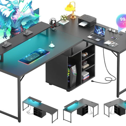 58 Inch Reversible L Shaped Gaming Desk with LED Strip & Adjustable Monitor Stand