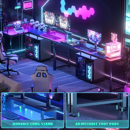 58 Inch Reversible L Shaped Gaming Desk with LED Strip & Adjustable Monitor Stand