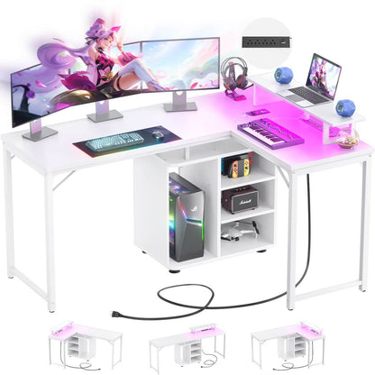 58 Inch Reversible L Shaped Gaming Desk with LED Strip & Adjustable Monitor Stand
