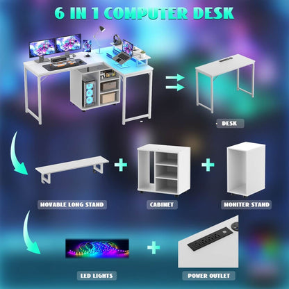 58 Inch Reversible L Shaped Gaming Desk with LED Strip & Adjustable Monitor Stand