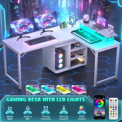 58 Inch Reversible L Shaped Gaming Desk with LED Strip & Adjustable Monitor Stand