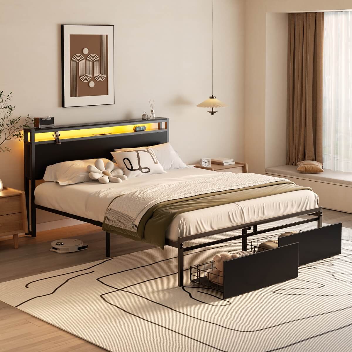 Full Size Platform Bed Frame with Charged Station and LED Strip