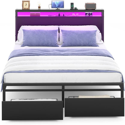 Full Size Platform Bed Frame with Charged Station and LED Strip