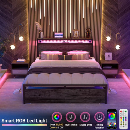 Full Size Platform Bed Frame with Charged Station and LED Strip