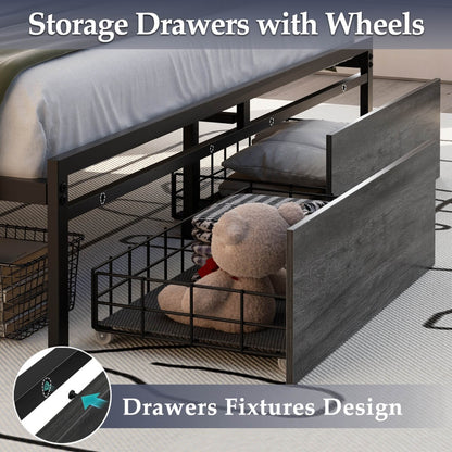 Full Size Platform Bed Frame with Charged Station and LED Strip