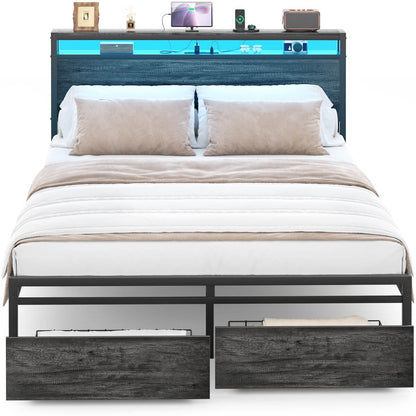 Full Size Platform Bed Frame with Charged Station and LED Strip