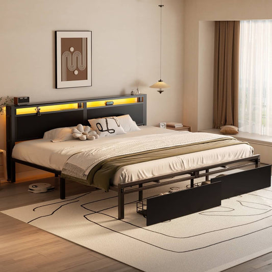 King Size Platform Bed Frame with Charged Station and LED Strip