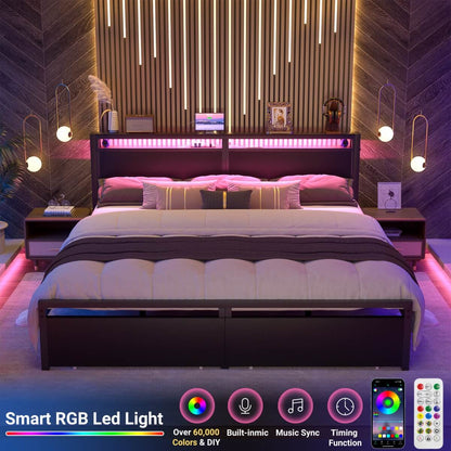 King Size Platform Bed Frame with Charged Station and LED Strip