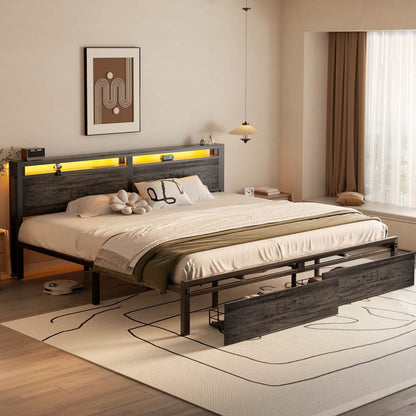 King Size Platform Bed Frame with Charged Station and LED Strip