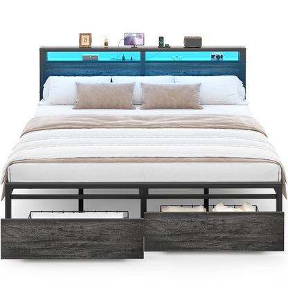 King Size Platform Bed Frame with Charged Station and LED Strip