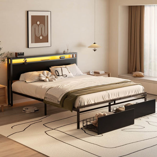Queen Size Platform Bed Frame with Charged Station and LED Strip