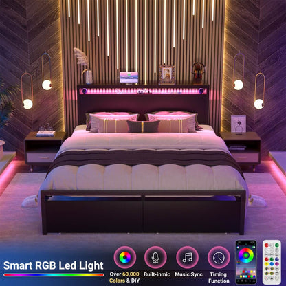 Queen Size Platform Bed Frame with Charged Station and LED Strip