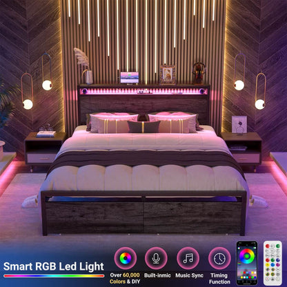 Queen Size Platform Bed Frame with Charged Station and LED Strip