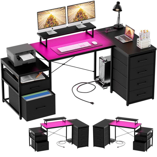 Reversible L Shaped Computer Desk with Fabric File Drawers