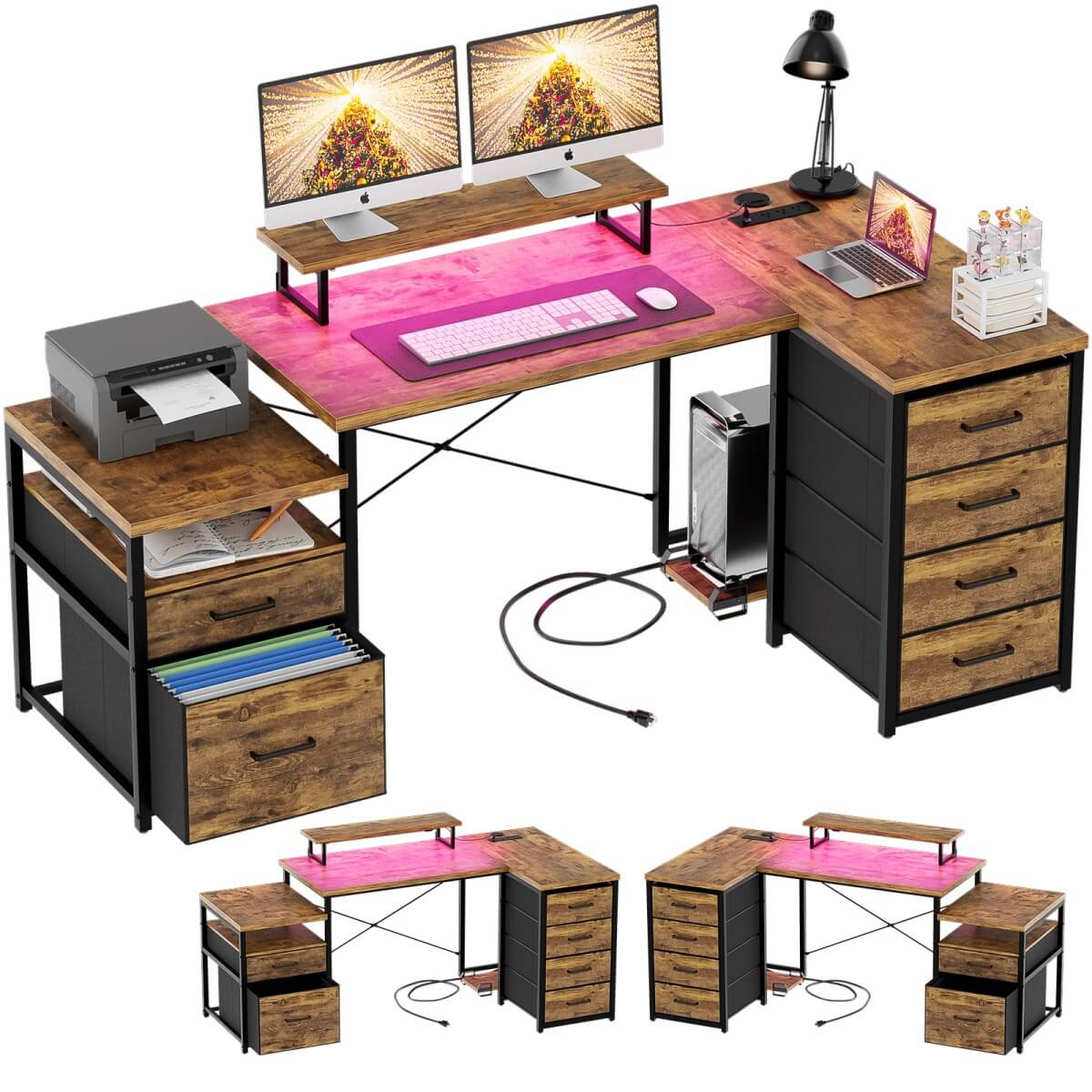 Reversible L Shaped Computer Desk with Fabric File Drawers