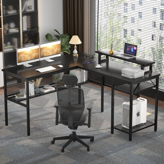 55 Inch L Shaped Desk with Power Outlets and LED Lights