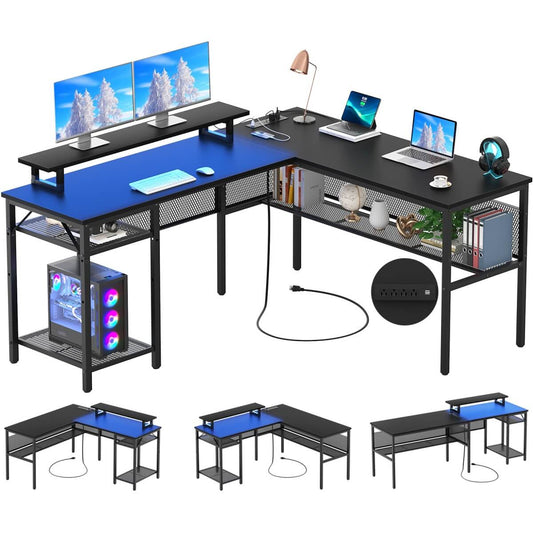 55 Inch L Shaped Desk with Power Outlets and LED Lights
