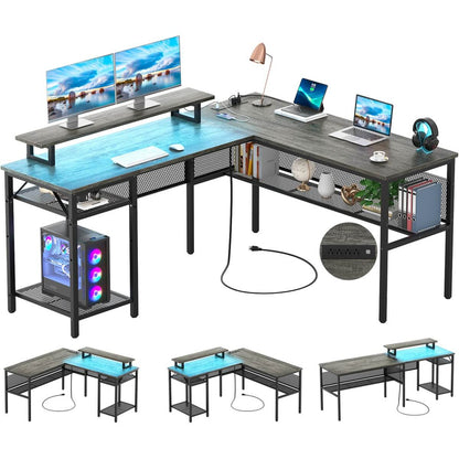 55 Inch L Shaped Desk with Power Outlets and LED Lights