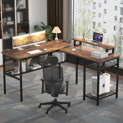 55 Inch L Shaped Desk with Power Outlets and LED Lights