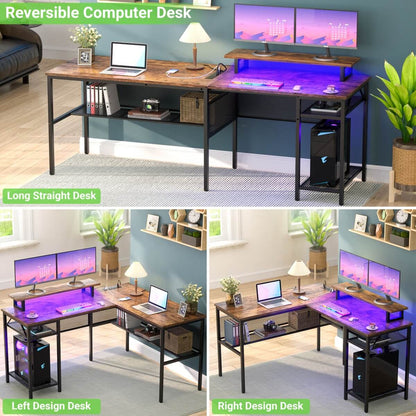 55 Inch L Shaped Desk with Power Outlets and LED Lights