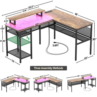 55 Inch L Shaped Desk with Power Outlets and LED Lights