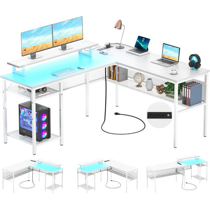 55 Inch L Shaped Desk with Power Outlets and LED Lights