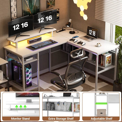 55 Inch L Shaped Desk with Power Outlets and LED Lights