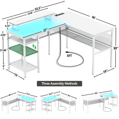 55 Inch L Shaped Desk with Power Outlets and LED Lights