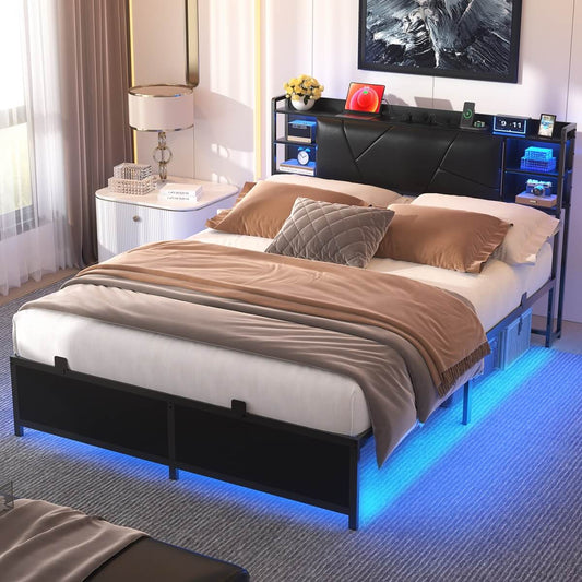 King Size Bed Frame with Upholstered Headboard, USB Charging & RGB LED Lights