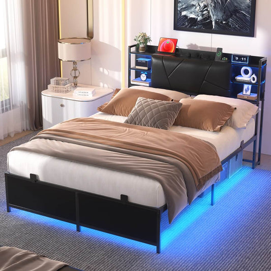 Full Size Bed Frame with Upholstered Headboard, USB Charging & RGB LED Lights