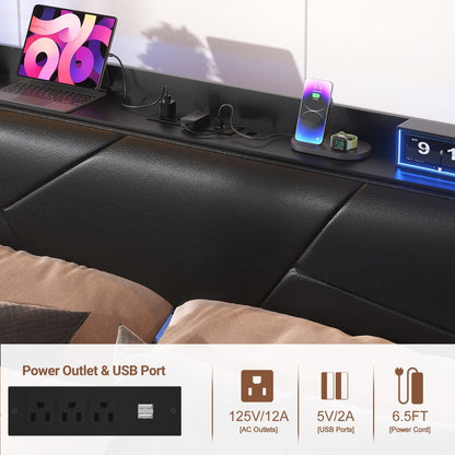 Full Size Bed Frame with Upholstered Headboard, USB Charging & RGB LED Lights