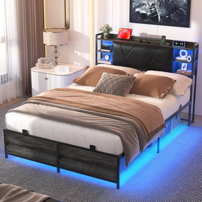 Full Size Bed Frame with Upholstered Headboard, USB Charging & RGB LED Lights
