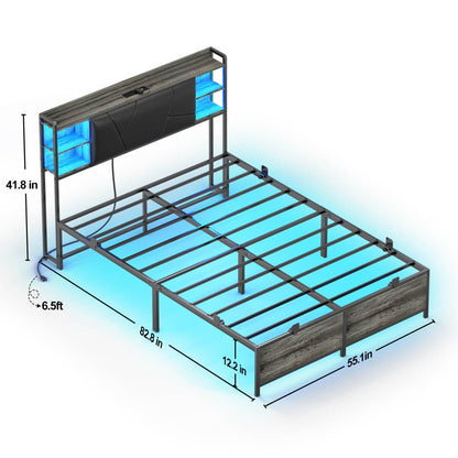 Full Size Bed Frame with Upholstered Headboard, USB Charging & RGB LED Lights