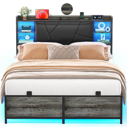 Full Size Bed Frame with Upholstered Headboard, USB Charging & RGB LED Lights