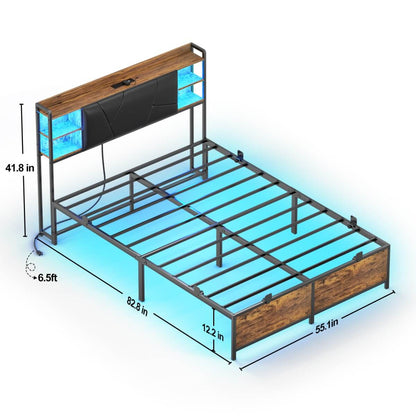 Full Size Bed Frame with Upholstered Headboard, USB Charging & RGB LED Lights