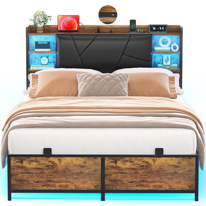 Full Size Bed Frame with Upholstered Headboard, USB Charging & RGB LED Lights
