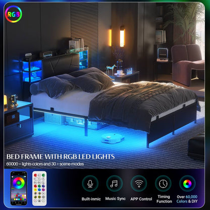 Queen Size Bed Frame with Upholstered Headboard, USB Charging & RGB LED Lights