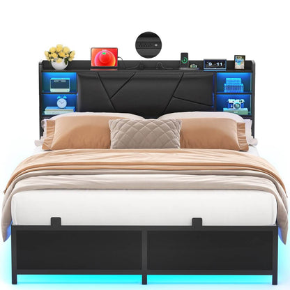 Queen Size Bed Frame with Upholstered Headboard, USB Charging & RGB LED Lights