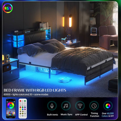 Queen Size Bed Frame with Upholstered Headboard, USB Charging & RGB LED Lights